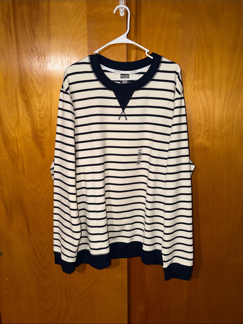 Jockey Off White & Navy Striped Fleece Crew Neck